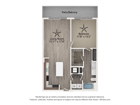 Floor plan for 1 bed, 1 bath, 752 sqft